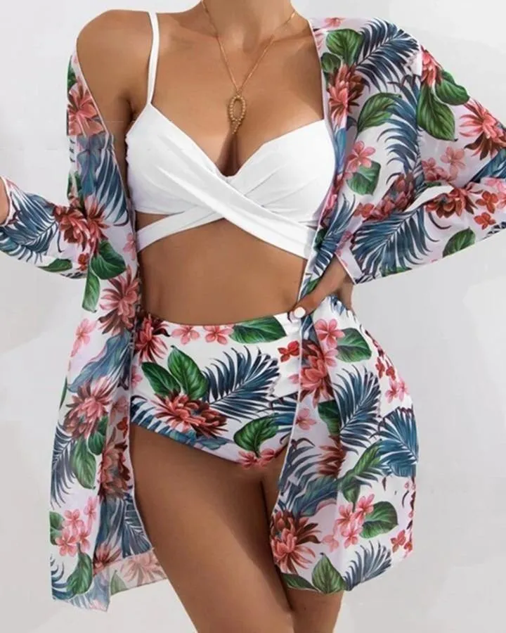 Solid Color Sling Tube Top And Floral Print Long Sleeve Coat And Panties Bikini Sets