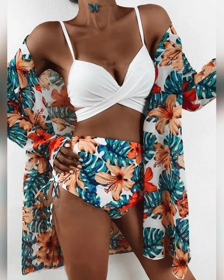 Solid Color Sling Tube Top And Floral Print Long Sleeve Coat And Panties Bikini Sets