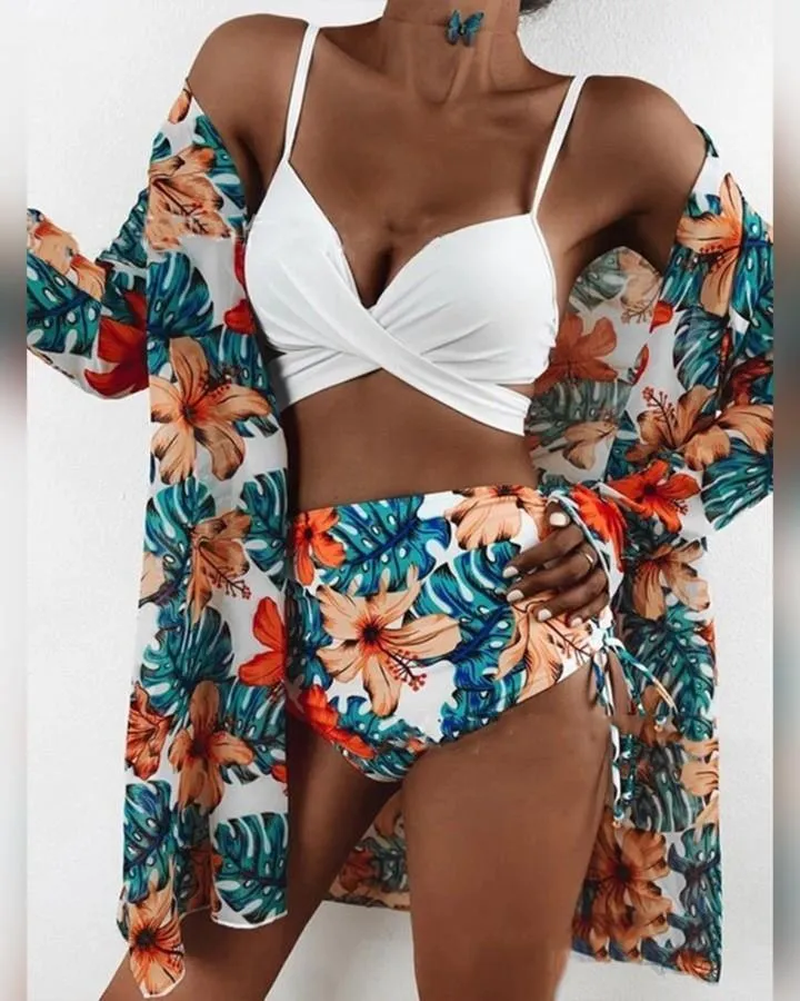 Solid Color Sling Tube Top And Floral Print Long Sleeve Coat And Panties Bikini Sets