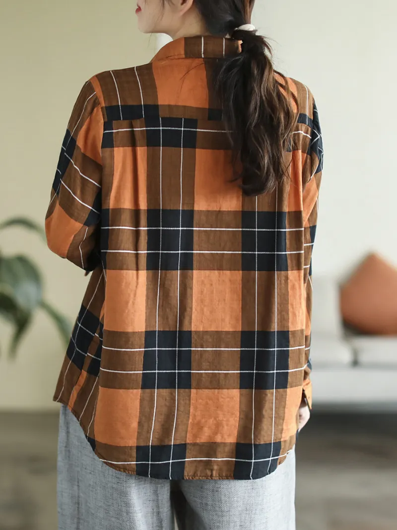 Spring Long Sleeve Stylish Lapel Plaid Loose Causal Shirt Dress