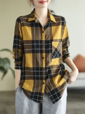 Spring Long Sleeve Stylish Lapel Plaid Loose Causal Shirt Dress