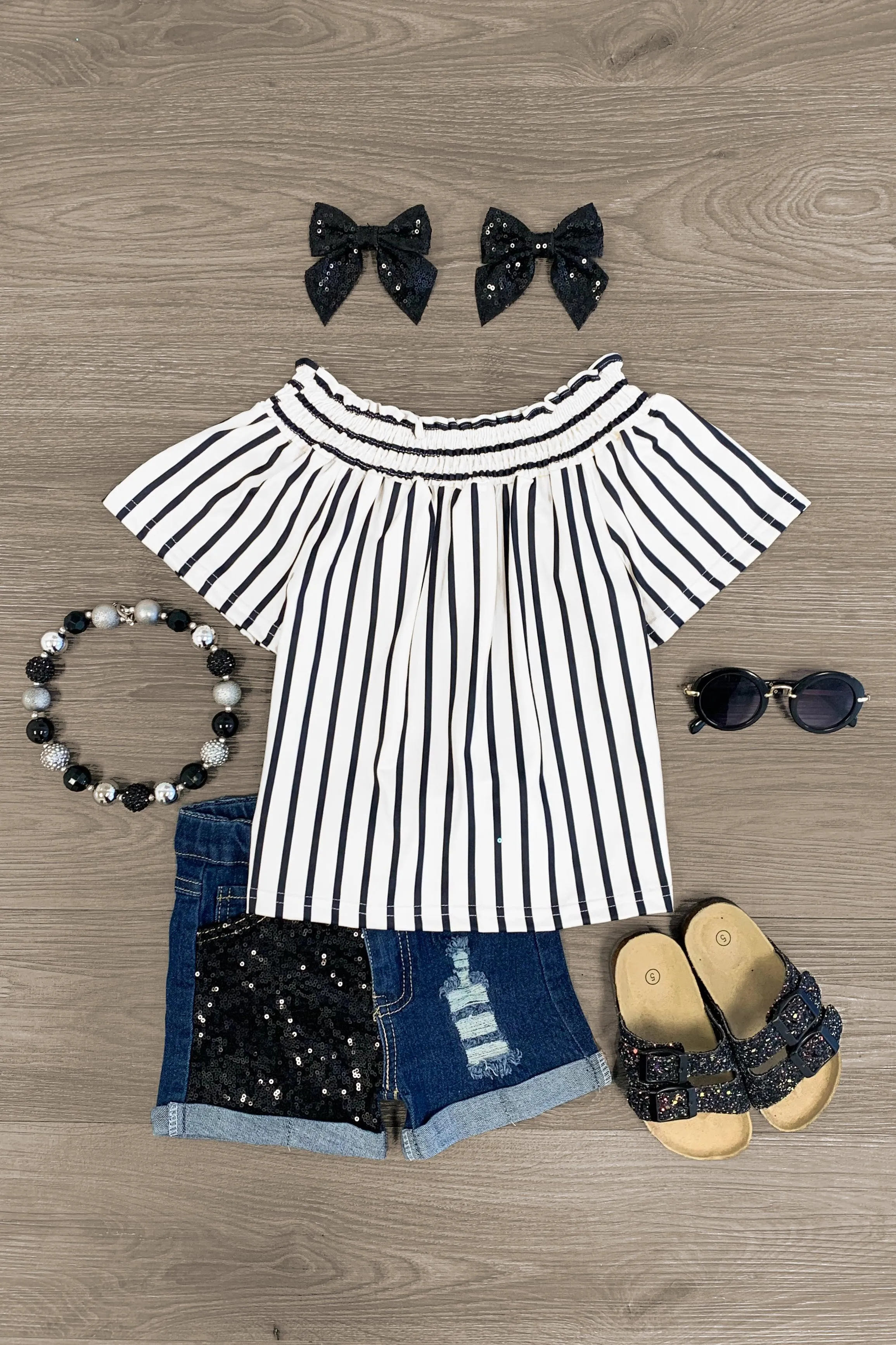 Striped Sequin Distressed Denim Short Set