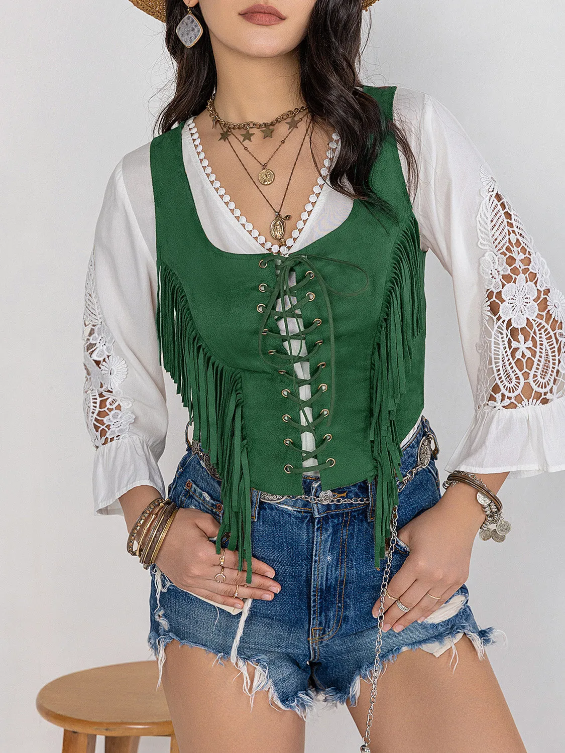 TEEK - Dark Green Fringe Lace-Up Wide Strap Tank