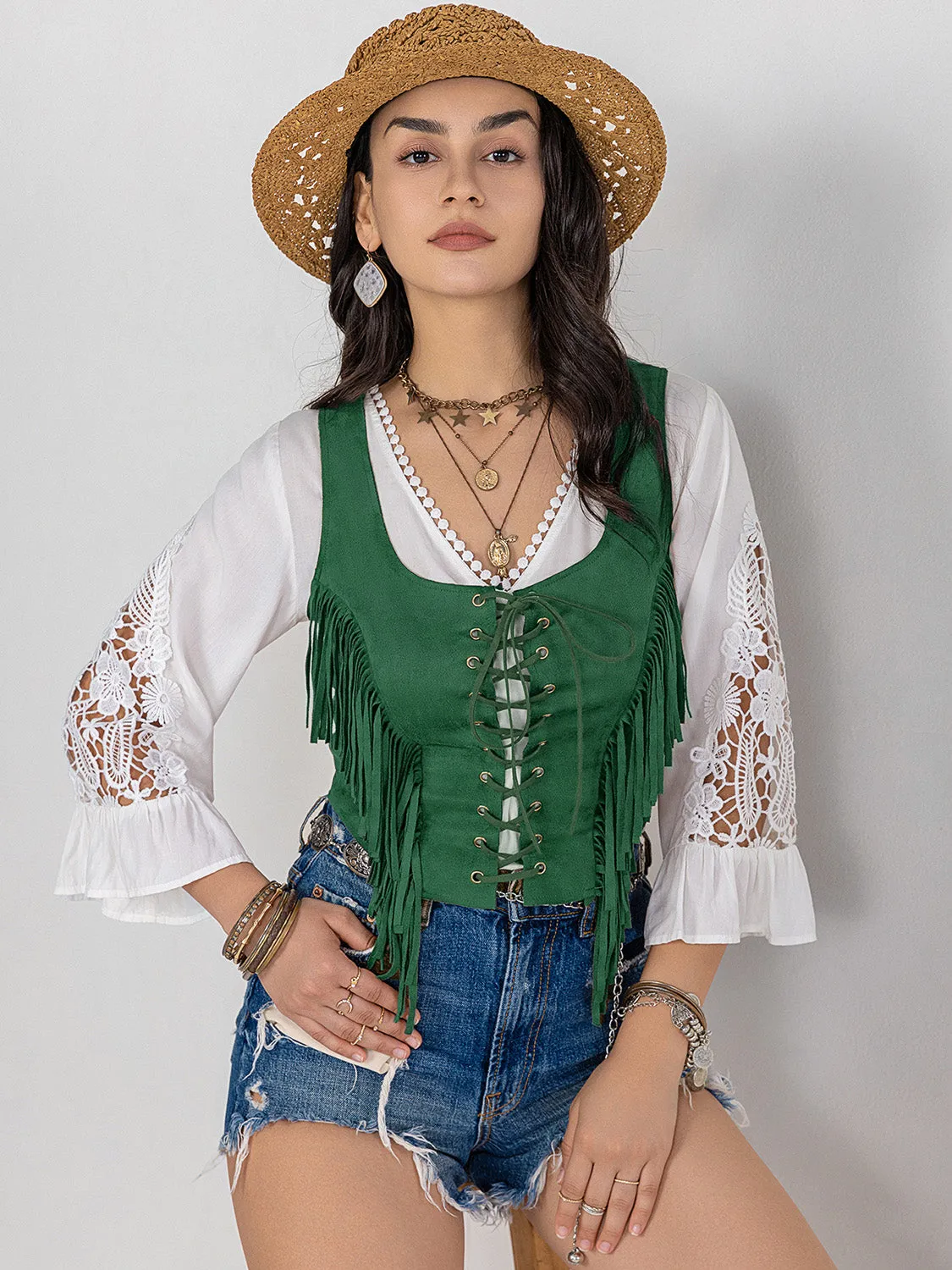 TEEK - Dark Green Fringe Lace-Up Wide Strap Tank