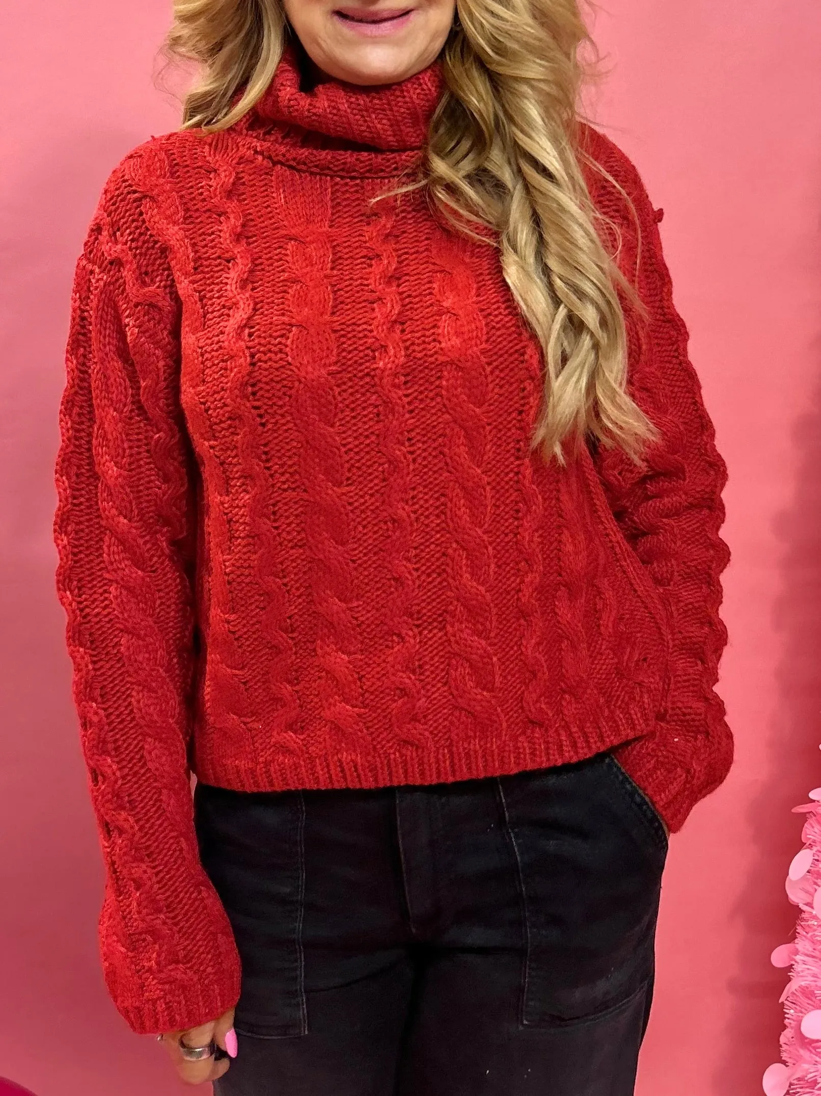 Tied To You Cable Knit Sweater in Red