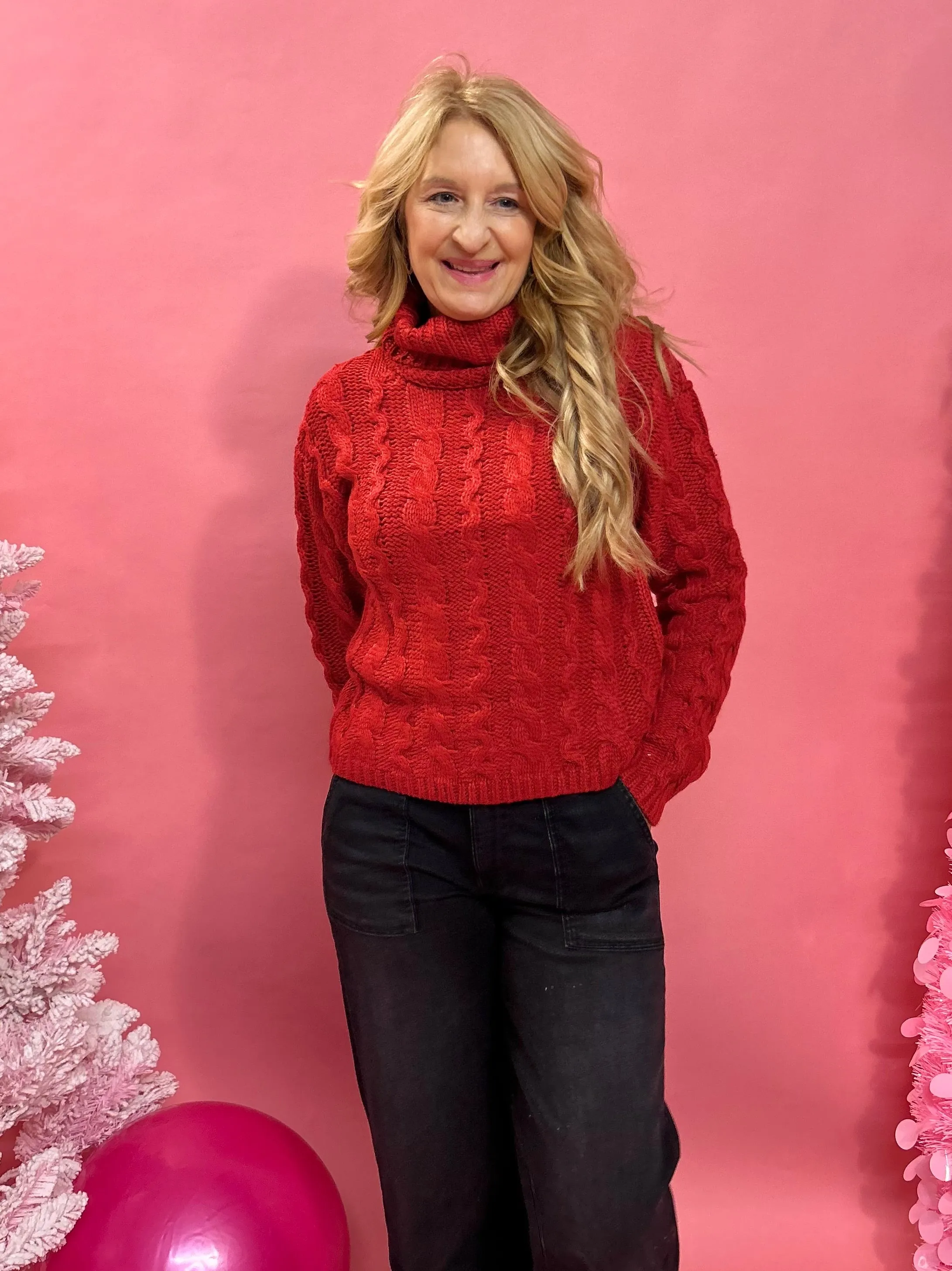 Tied To You Cable Knit Sweater in Red