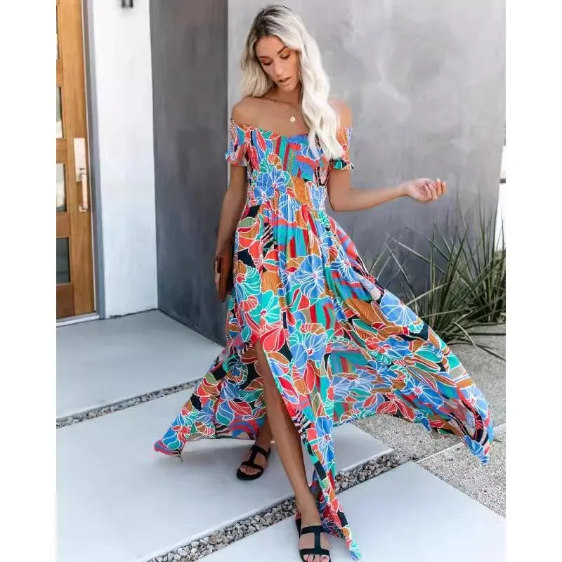 Uniwim The new one line neckline strapless waistband slit long bohemian dress, classic style, fashionable taste dresses