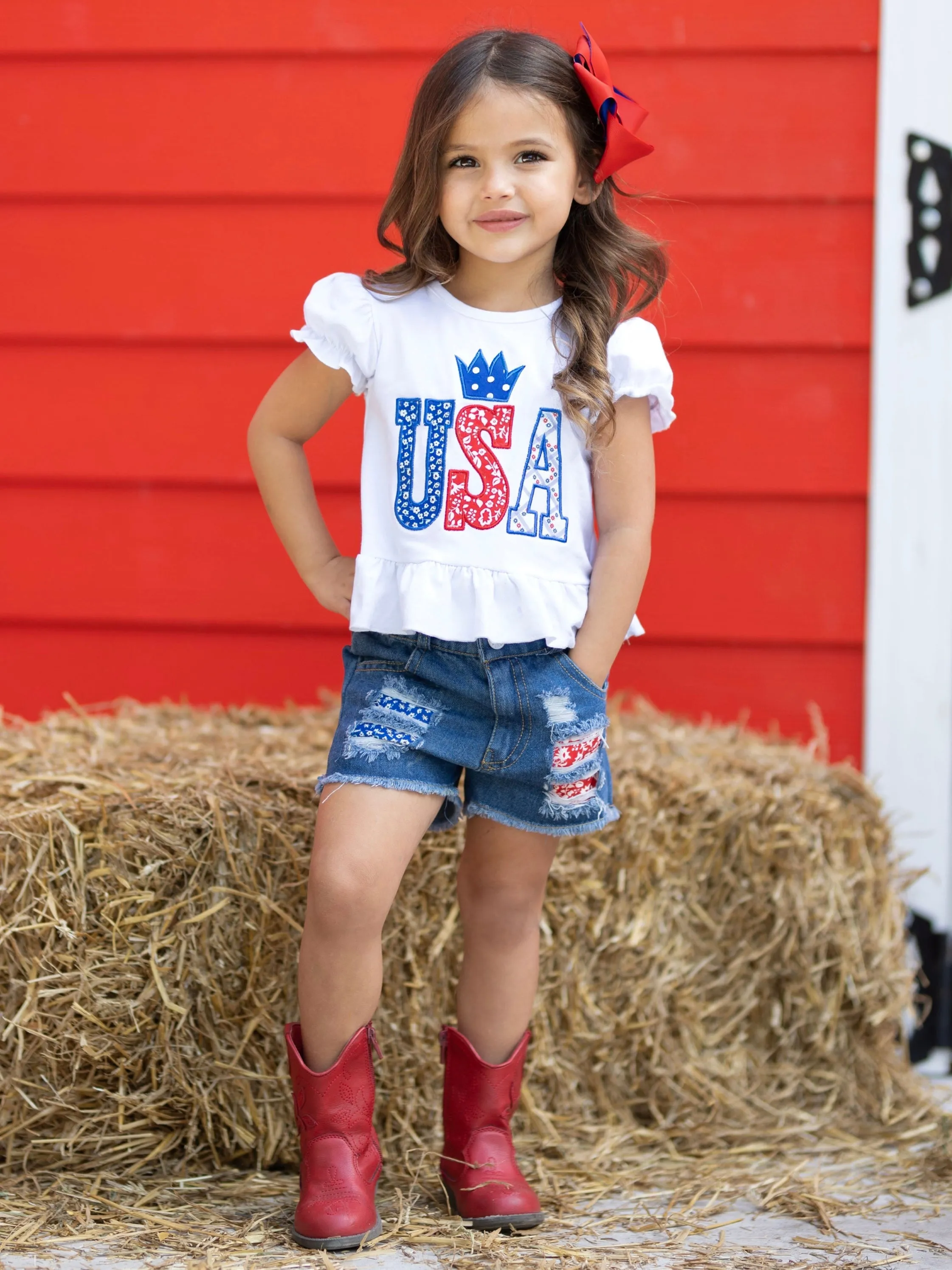 USA Sequin Patched Denim Shorts Set