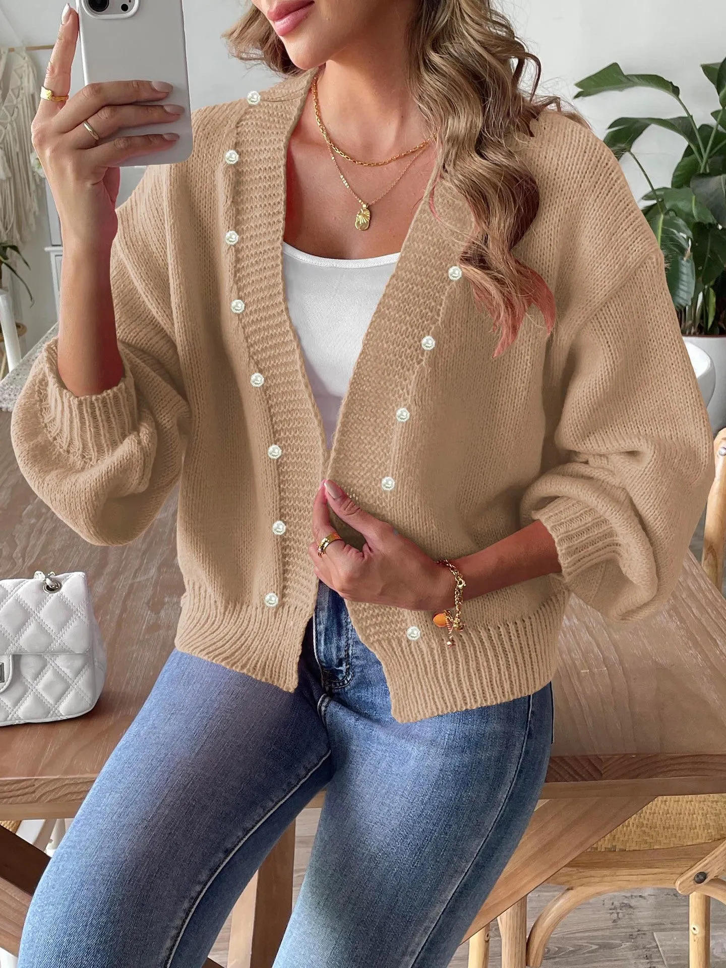 Women Short Pearl Beaded Cardigan Autumn Winter Casual Loose Non Buckle Woven Sweater Coat