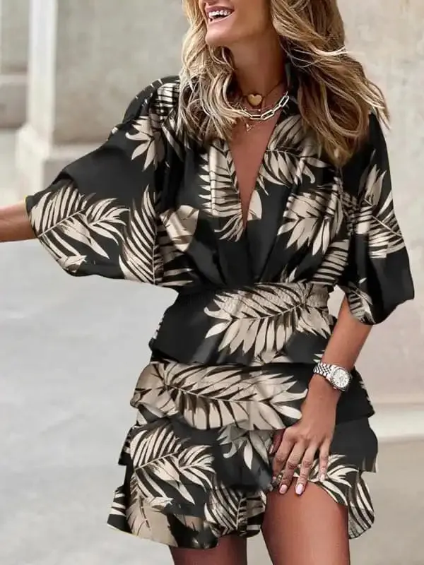 Women’s Print V-Neck Ruffle Minidress